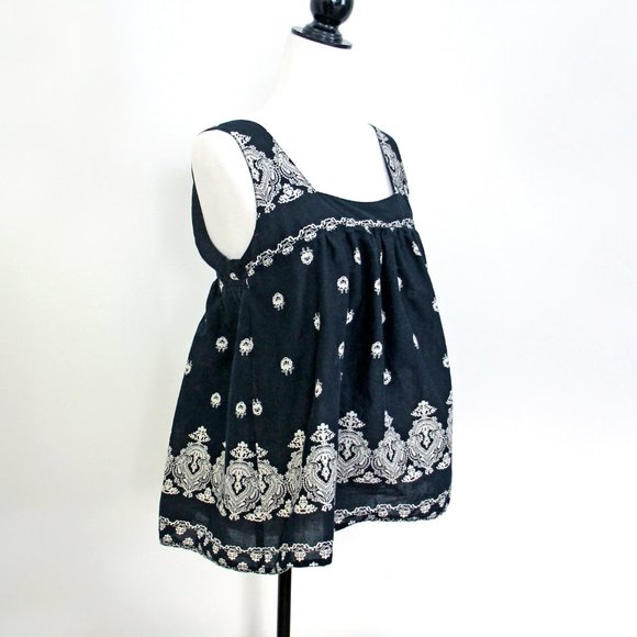 Vintage Sleeveless Top 100% Cotton Loose Fit Black and White Paisley - Picture 2 of 7